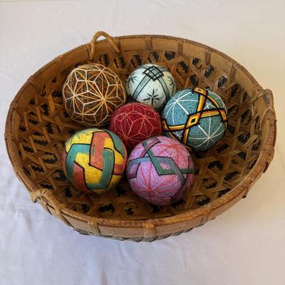 Basket of Temari Balls with Two Cross Stitch Wall Hangings (E-HS)