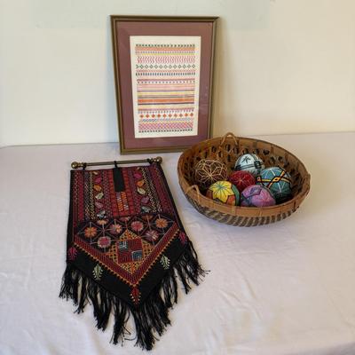 Basket of Temari Balls with Two Cross Stitch Wall Hangings (E-HS)