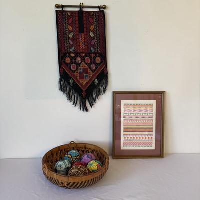 Basket of Temari Balls with Two Cross Stitch Wall Hangings (E-HS)