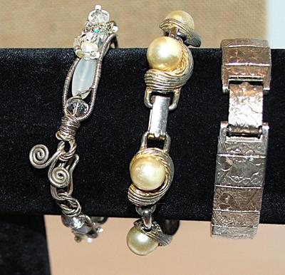 Collection of 3 Silver Tone BRACELETS (2" Opening) with Faux White Pearls, Opaque White Beads + Engraved Segments & Various Clasps