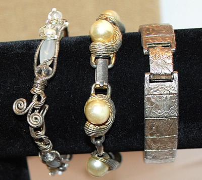 Collection of 3 Silver Tone BRACELETS (2" Opening) with Faux White Pearls, Opaque White Beads + Engraved Segments & Various Clasps