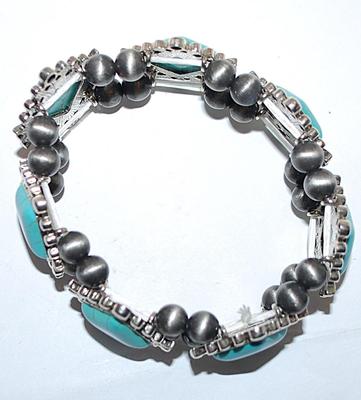Showy Solid ELASTIC "Crackled" JADE STONES BRACELET (2½" Opening) with Silver Tone Globe Accents