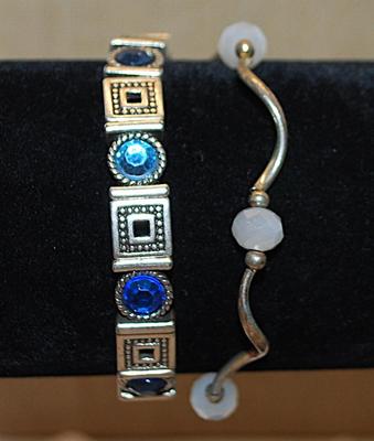 Collection of 2 Elastic BRACELETS (2" Opening) with BLUE Round Stones + Square Accent Segments and Opaque Prism Stones and Wire Curves