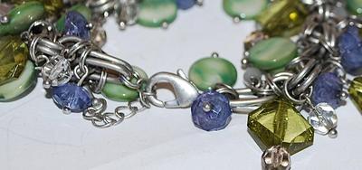 Heavily Beaded BRACELET (2" Opening) with Blues, Greens & Clear Prisms, Ovals and Disk Accents and Lobster Clasp