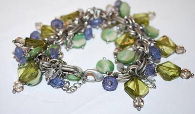 Heavily Beaded BRACELET (2" Opening) with Blues, Greens & Clear Prisms, Ovals and Disk Accents and Lobster Clasp