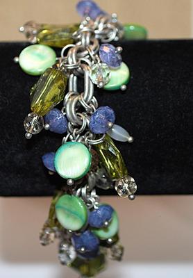 Heavily Beaded BRACELET (2" Opening) with Blues, Greens & Clear Prisms, Ovals and Disk Accents and Lobster Clasp