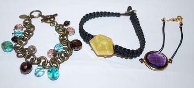 Collection of 3 Assorted BRACELETS (2" Opening) Including Blue/Purple Beaded "©Cookie Lee" ; Beveled Purple Glass Stone...