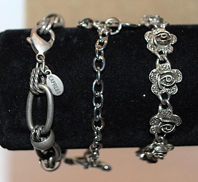 Collection of 3 Silver Colored BRACELETS (2¼"+ Opening) with Silver & Black ROSE FLOWER Accents & 1 Marked...
