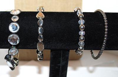 Collection of 4 Elastic "Silver Themed" BRACELETS (2½"+ Opening) with Beveled Round Glass Stones & Pods + Globes