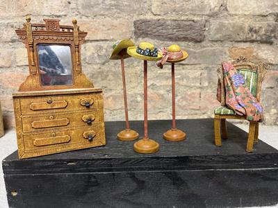 Sale Photo Thumbnail #515: From the Hats for Teddy series, Dresser with Mirror, Three Hat Stands & Chair