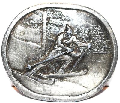 "The Skier V98" Belt Buckle "Indiana Metal Craft Â© 1977" Oval 2" x 2"