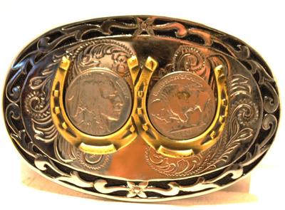 Unique "Buffalo Nickels & Horseshoes" Belt Buckle 3 1/2" x 2 1/4"