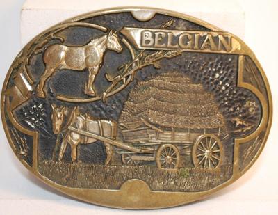 "Belgian Horses" Belt Buckle by Award Design Metals Inc. Solid Brass 3¾" x 2¾"