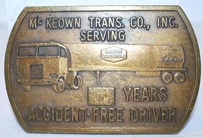 "McKeown Trans. Co,. Inc. 6 Years Accident-Free Driver" Belt Buckle 3½" x 2¼"