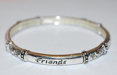 Silver Tone Elastic "FRIENDS" BRACELET (2¼" Opening) - Marked "FRIENDS" ON 4 Segments + Graphic Designs on the...