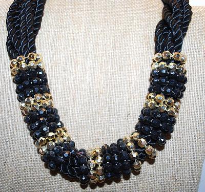 "Rope Style" NECKLACE with Black & Gold Colored Beaded "Rings Around 7 Rope Strands and a Circle Clasp 16" L