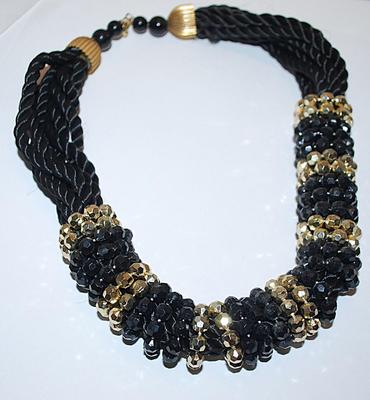 "Rope Style" NECKLACE with Black & Gold Colored Beaded "Rings Around 7 Rope Strands and a Circle Clasp 16" L