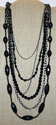 All BLACK Beaded & Chains NECKLACE with Assorted Size Beads on 6 Strands of Prisms, Globes and Loops 28" L