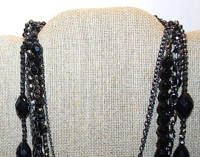 All BLACK Beaded & Chains NECKLACE with Assorted Size Beads on 6 Strands of Prisms, Globes and Loops 28" L