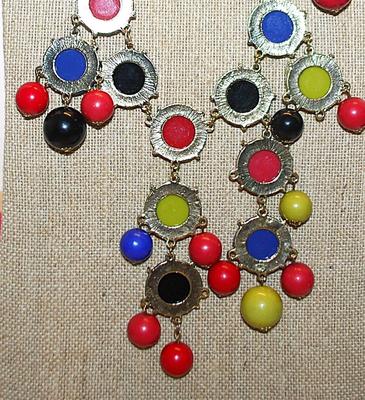 Fun Vintage Colorful NECKLACE with Red, Blue, Yellow & Black Globes and Disks & Lobster Clasp 26" L