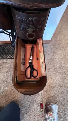 NICE EARLY 1900’s MINNESOTA TREADLE SEWING MACHINE WITH ACCESSORIES, NOTIONS AND ORIGINAL PAPERWORK