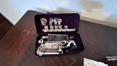 NICE EARLY 1900’s MINNESOTA TREADLE SEWING MACHINE WITH ACCESSORIES, NOTIONS AND ORIGINAL PAPERWORK