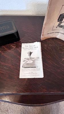 NICE EARLY 1900’s MINNESOTA TREADLE SEWING MACHINE WITH ACCESSORIES, NOTIONS AND ORIGINAL PAPERWORK