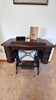 NICE EARLY 1900’s MINNESOTA TREADLE SEWING MACHINE WITH ACCESSORIES, NOTIONS AND ORIGINAL PAPERWORK