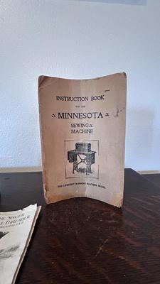 NICE EARLY 1900’s MINNESOTA TREADLE SEWING MACHINE WITH ACCESSORIES, NOTIONS AND ORIGINAL PAPERWORK