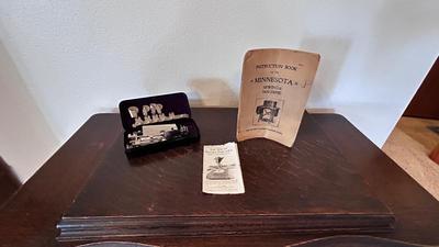 NICE EARLY 1900’s MINNESOTA TREADLE SEWING MACHINE WITH ACCESSORIES, NOTIONS AND ORIGINAL PAPERWORK