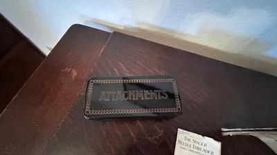 NICE EARLY 1900’s MINNESOTA TREADLE SEWING MACHINE WITH ACCESSORIES, NOTIONS AND ORIGINAL PAPERWORK