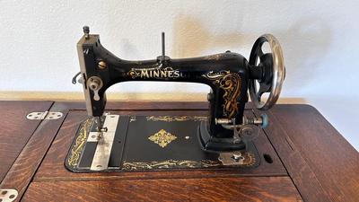 NICE EARLY 1900’s MINNESOTA TREADLE SEWING MACHINE WITH ACCESSORIES, NOTIONS AND ORIGINAL PAPERWORK