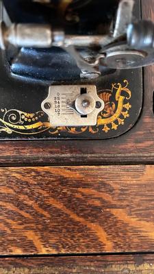 NICE EARLY 1900’s MINNESOTA TREADLE SEWING MACHINE WITH ACCESSORIES, NOTIONS AND ORIGINAL PAPERWORK