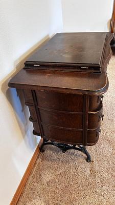 NICE EARLY 1900’s MINNESOTA TREADLE SEWING MACHINE WITH ACCESSORIES, NOTIONS AND ORIGINAL PAPERWORK