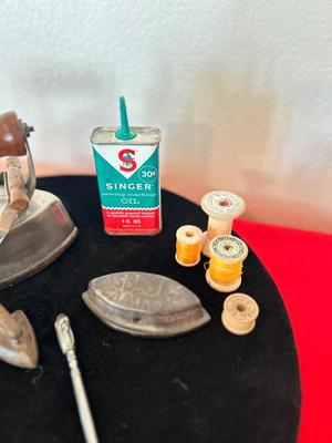 ANTIQUE IRON, GUNNY SACK NEEDLES, TOY IRON, OIL CAN AND MORE