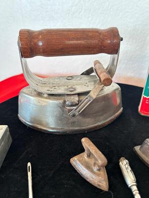 ANTIQUE IRON, GUNNY SACK NEEDLES, TOY IRON, OIL CAN AND MORE