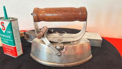 ANTIQUE IRON, GUNNY SACK NEEDLES, TOY IRON, OIL CAN AND MORE