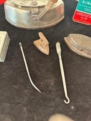 ANTIQUE IRON, GUNNY SACK NEEDLES, TOY IRON, OIL CAN AND MORE