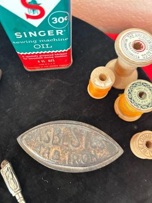 ANTIQUE IRON, GUNNY SACK NEEDLES, TOY IRON, OIL CAN AND MORE