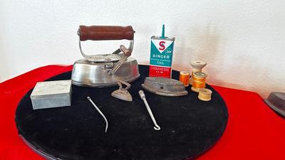 ANTIQUE IRON, GUNNY SACK NEEDLES, TOY IRON, OIL CAN AND MORE