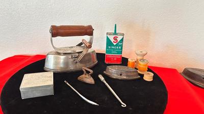ANTIQUE IRON, GUNNY SACK NEEDLES, TOY IRON, OIL CAN AND MORE