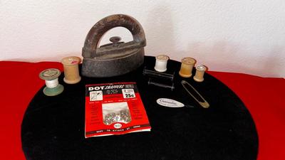 ANTIQUE IRON, THIMBLES, NEEDLE THREADER AND OTHER LIKE ITEMS