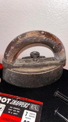 ANTIQUE IRON, THIMBLES, NEEDLE THREADER AND OTHER LIKE ITEMS