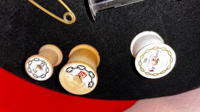 ANTIQUE IRON, THIMBLES, NEEDLE THREADER AND OTHER LIKE ITEMS