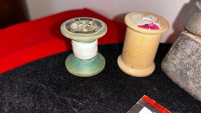 ANTIQUE IRON, THIMBLES, NEEDLE THREADER AND OTHER LIKE ITEMS