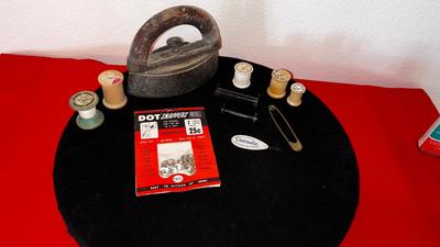 ANTIQUE IRON, THIMBLES, NEEDLE THREADER AND OTHER LIKE ITEMS