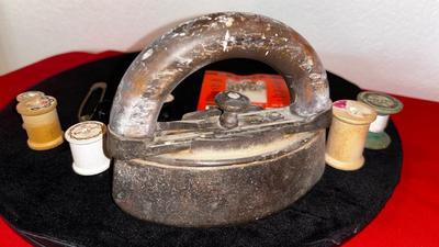 ANTIQUE IRON, THIMBLES, NEEDLE THREADER AND OTHER LIKE ITEMS