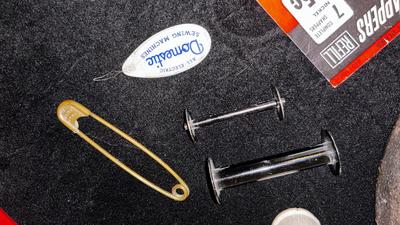 ANTIQUE IRON, THIMBLES, NEEDLE THREADER AND OTHER LIKE ITEMS