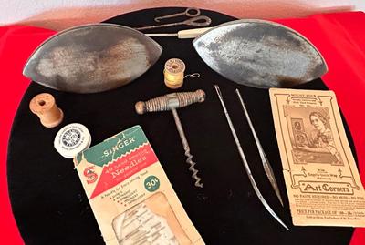 ANTIQUE SAD IRONS, THREAD SPOOLS, GUNNY SACK NEEDLES AND MORE