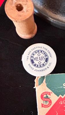 ANTIQUE SAD IRONS, THREAD SPOOLS, GUNNY SACK NEEDLES AND MORE